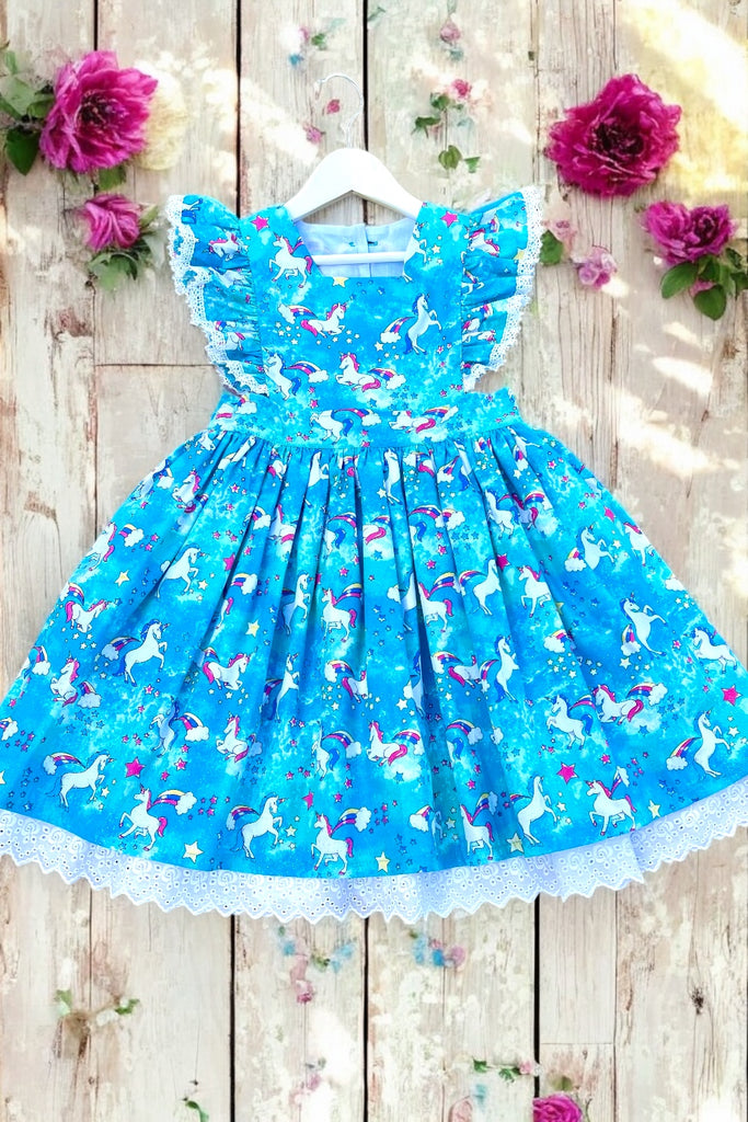 Charlotte Emma Dress | Sparkly Rainbow Unicorns | By Fabric Traditions | OOAK ~ Sz 8