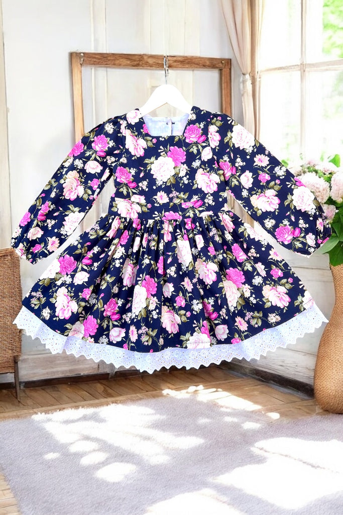 Long Sleeve Anglaise Dress | Whispering Blooms in Navy