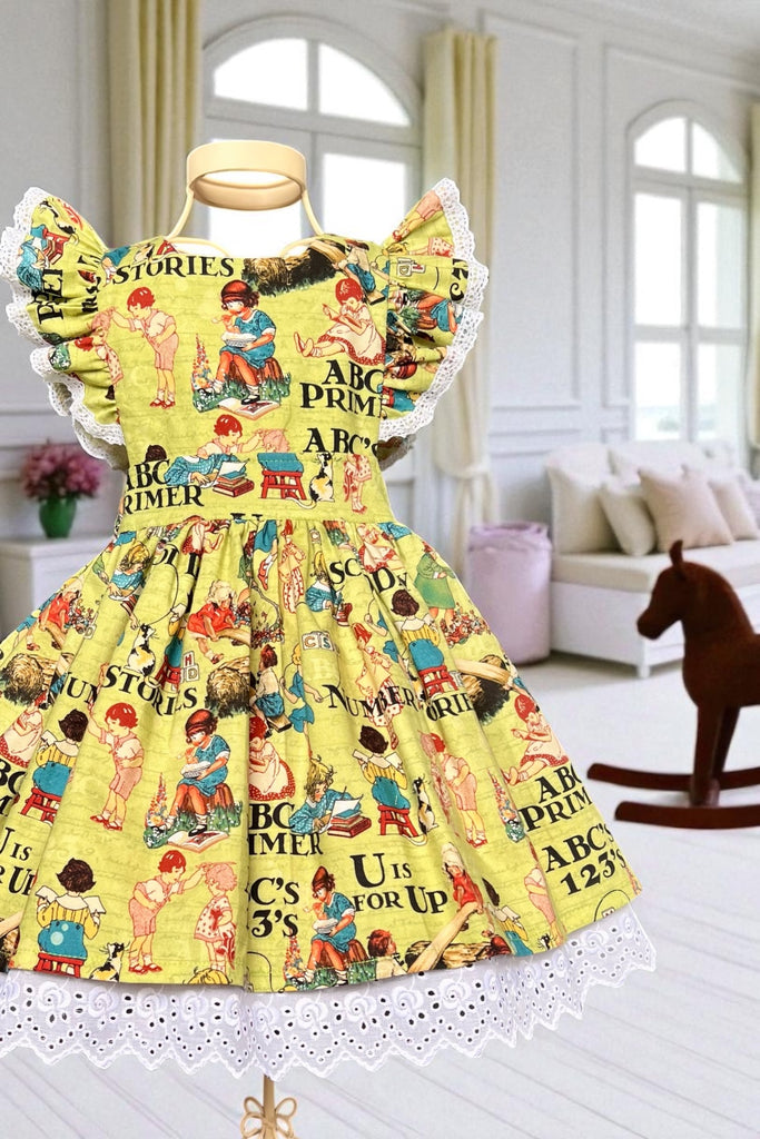 Charlotte Emma Dress 
‘Games & Playtime’
From the ABC Primer Collection by Wilmington Prints
OOP & Very Hard to Find
OOAK ~ Sz 4