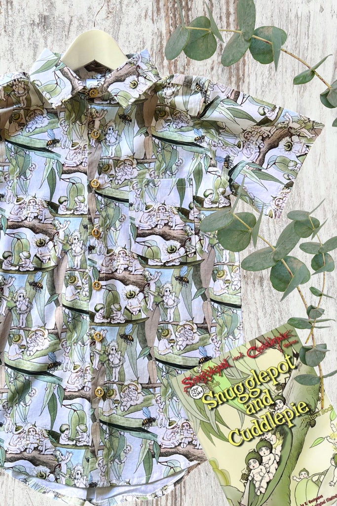 Button Shirt 
‘Gum Blossom Babies’
By May Gibbs 
Licensed Quilting Cotton
OOAK ~ Sz 10