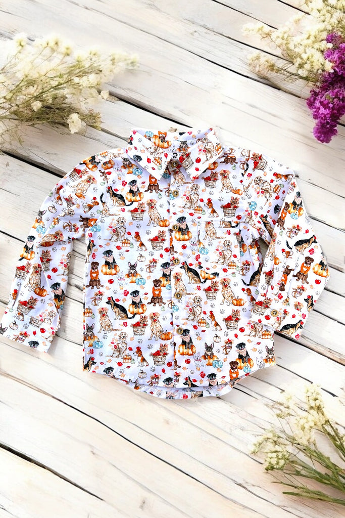 Long Sleeve Button Shirt | ‘Autumn Paws’ ~ Sz 8