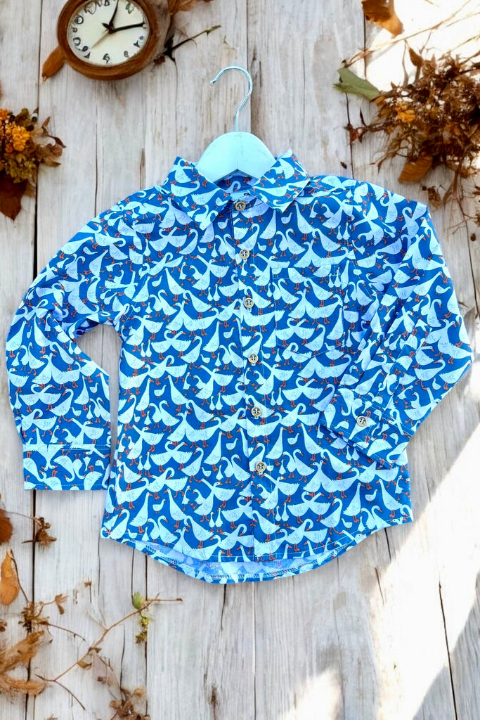 Long Sleeve Button Shirt ~ Sz 6 | Goose Bumps in Mid-Blue | By Dear Stella for Timeless Treasures