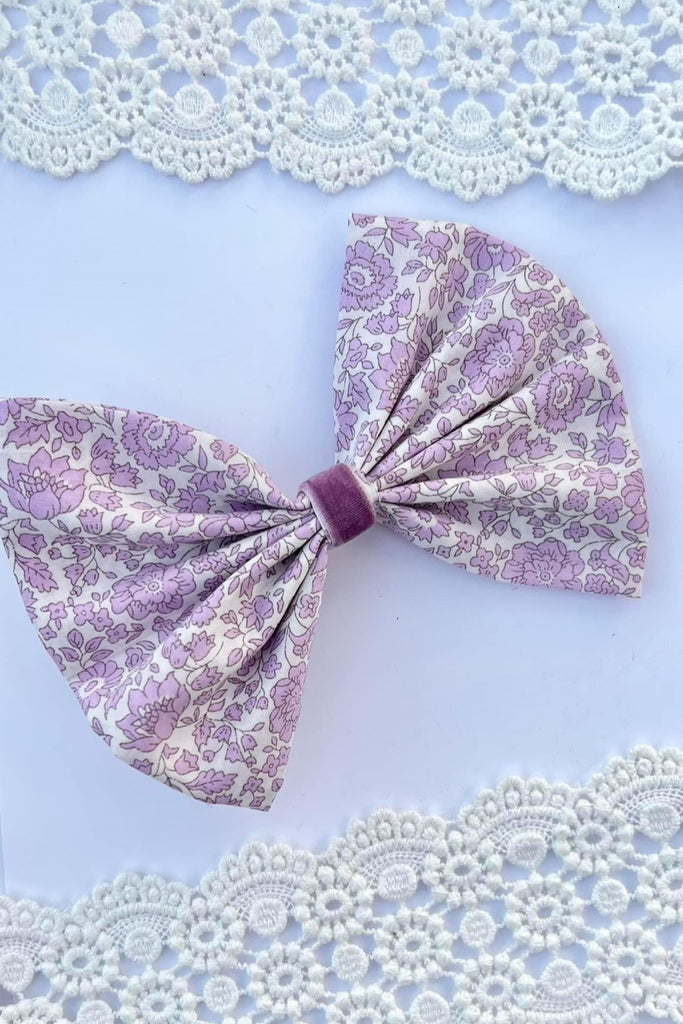 Large Pinch Bow Clip w Velvet Contrast | Liberty of London Tana Lawn Fabric | Danjo Coast B