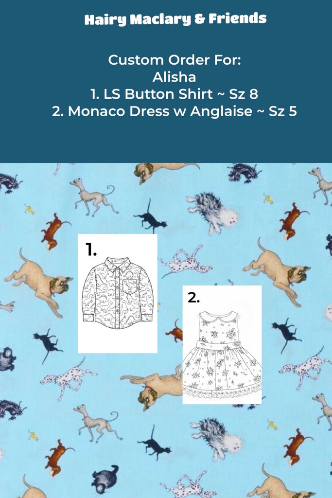 Custom Order For Alisha | LS Button Shirt Sz 8 & Monaco Dress Sz 5 | Hairy Maclary & Friends