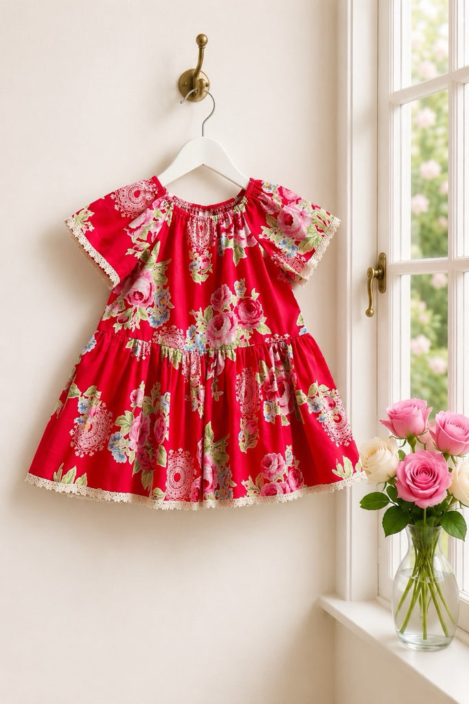 🎄Christmas 🎄
Vintage Seaside Dress
Large Roses on Red 
From the Flower Sugar Collection by Lecien 
OOP ~ Collector’s Fabric
OOAK ~ Sz 4