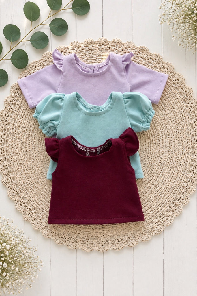 For Anne-Marie | Lot of 3 Tops  (Lavender LS Flutter Tee, Blue Breeze Bubble Tee, Wine Flutter Tee) For Miniland Dolls