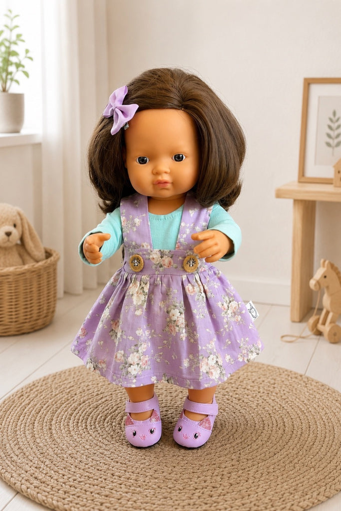 For Donna | Dolly Suspender Skirt & Tee + Free Kitty Shoes & Hair Clip For Miniland Dolls