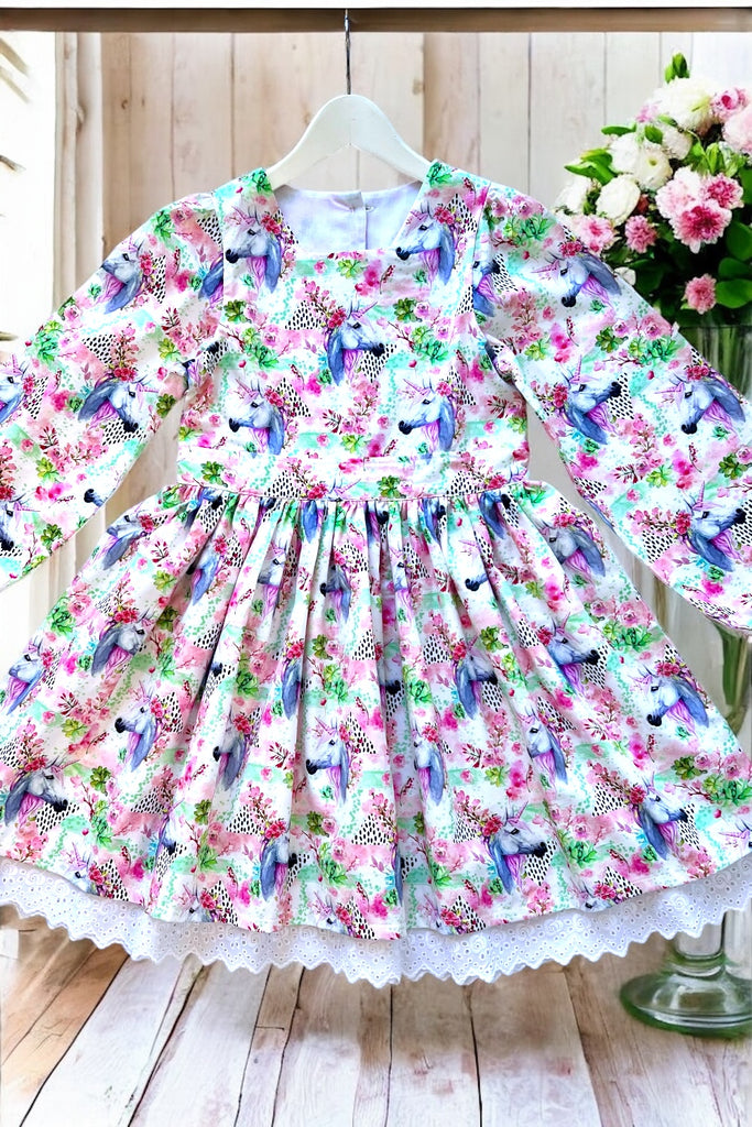 Long Sleeve Anglaise Dress
‘Enchanted Forest Unicorns’
OOAK ~ Sz 8