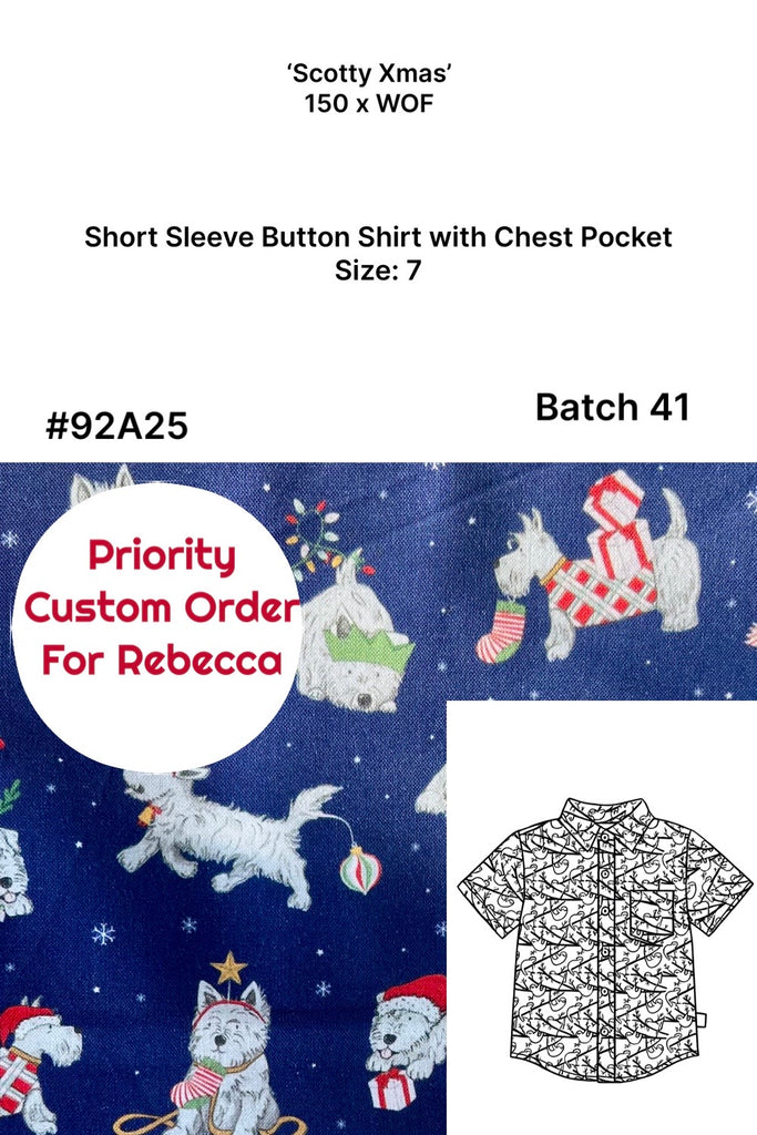 Custom Order For Rebecca - Short Sleeve Button Shirt with Chest Pocket - ‘Scotty Christmas’ - Sz 7