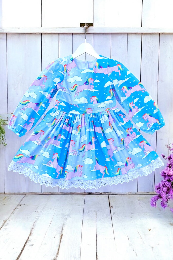 Long Sleeve Anglaise Dress | ‘Rainbow Unicorns’ ~ Sz 6