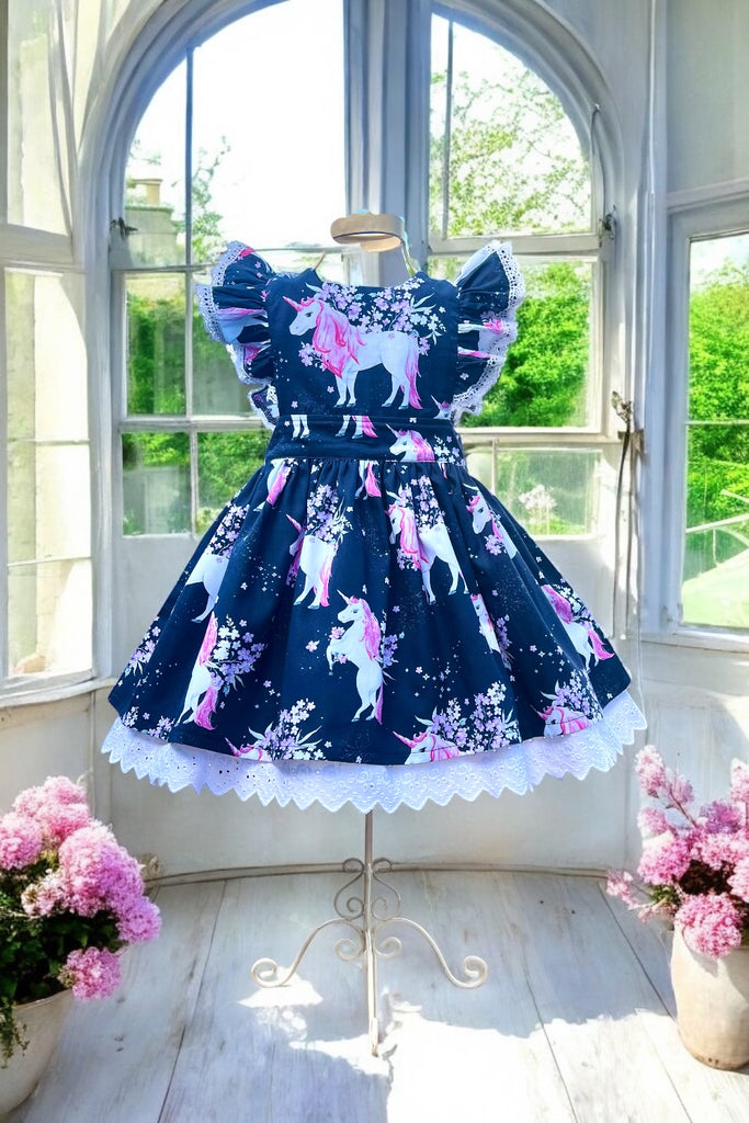 Charlotte Emma Dress | Prancing Unicorns in Navy | Sz 4,6,8,10