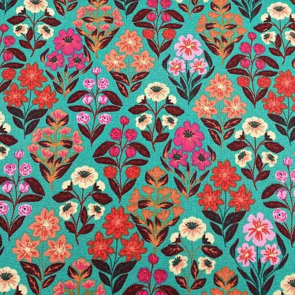 Puff Sleeve Anglaise Dress ‘Floral Bouquet’ in Turquoise Folk Flora Collection by Caroline Alfreds for 3 Wishes Fabric | Sz 4 to 10