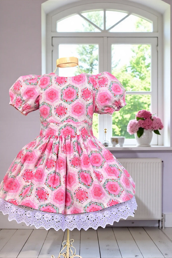 Puff Sleeve Anglaise Dress
‘Hexagon Flowers’
From the Beautiful Garden Girl Collection 
By Studio E (USA)
OOAK ~ Sz 3