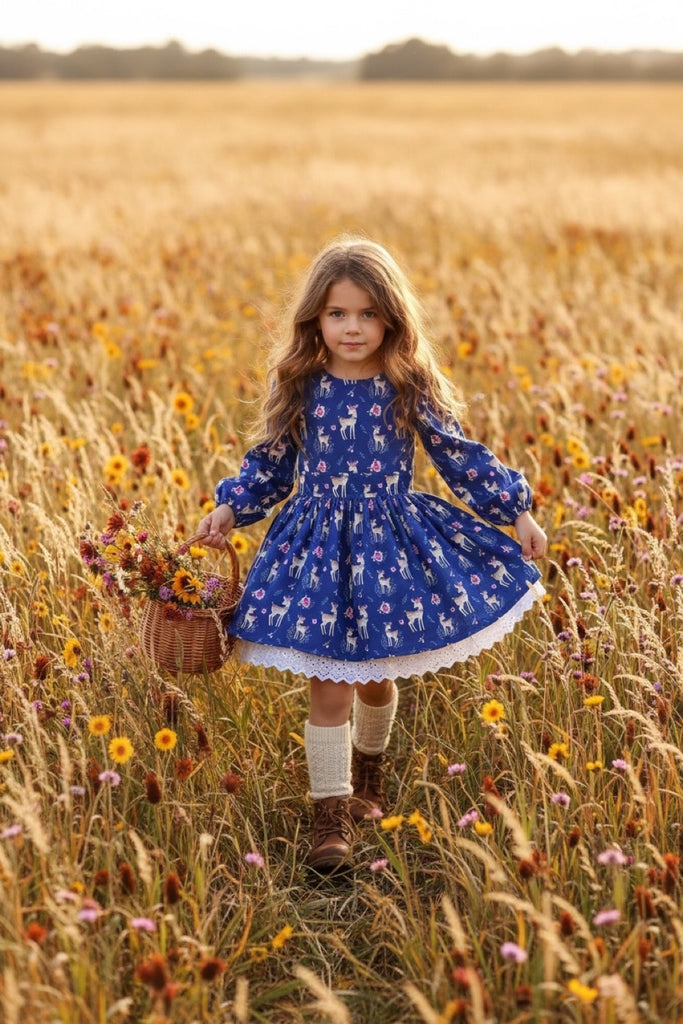 Long Sleeve Anglaise Dress | ‘Floral Deers’ ~ Sz 4