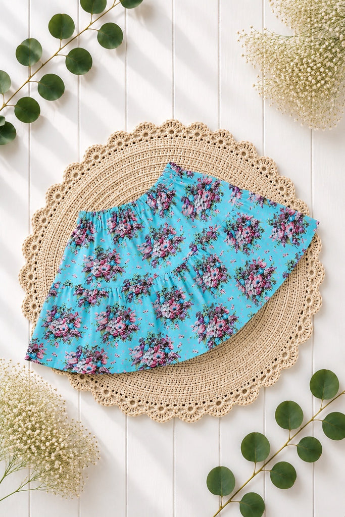 For Bess ~ Sz 10 | Bayview Skirt | ‘Bouquets & Bows’ in Sky Blue