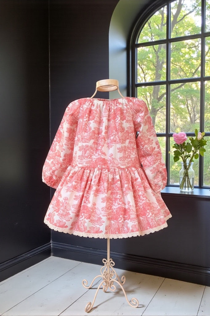 Long Sleeve Vintage Seaside Dress | Toile de Jouy in Red