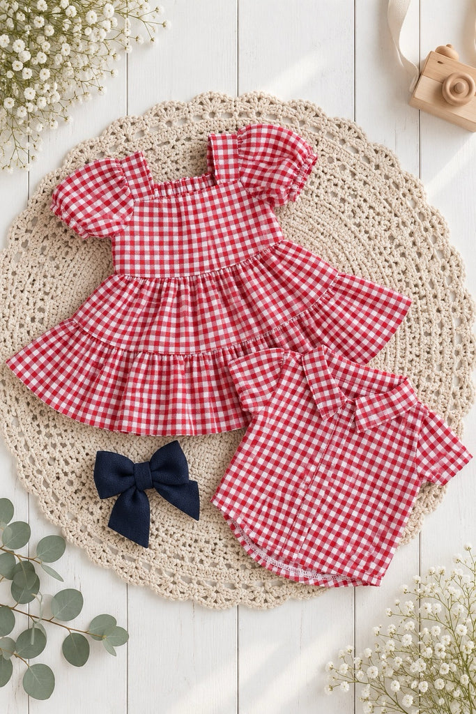 For Leish | Dolly Red Gingham Dress & Matching Shirt + Free Bow Clip 
To Fit Miniland/Minikane/Paola Reina Dolls