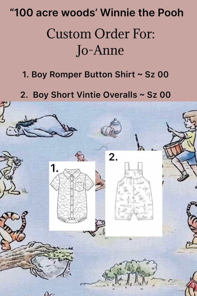 Custom Order For Jo-Anne | “100 acre woods’ Winnie the Pooh | Boy Romper Shirt & Vintie Overalls ~ Both Sz 00