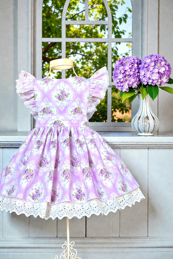 Charlotte Emma Dress
‘Cameo Roses’
In Lavender 
By Spoonflower
OOAK ~ Sz 3