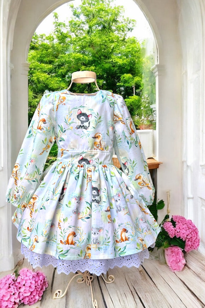Long Sleeve Anglaise Dress | ‘Baby Australian Animals’ | Fabric by Missy Rose | Sz 6