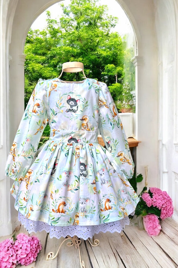 Long Sleeve Anglaise Dress | ‘Baby Australian Animals’ | Fabric by Missy Rose | Sz 6