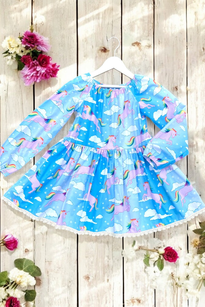 Long Sleeve Vintage Seaside Dress | Rainbow Unicorns | Sz 6