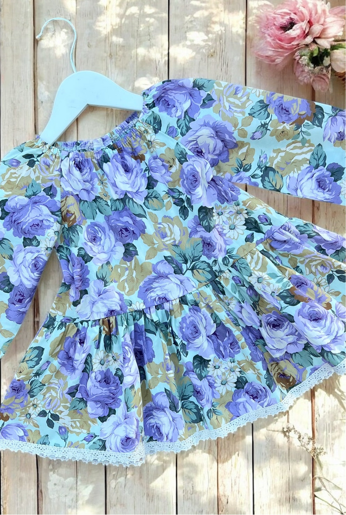 Long Sleeve Vintage Seaside Dress | Blossoming Blooms | Lavender on Mint | OOAK ~ Sz 2