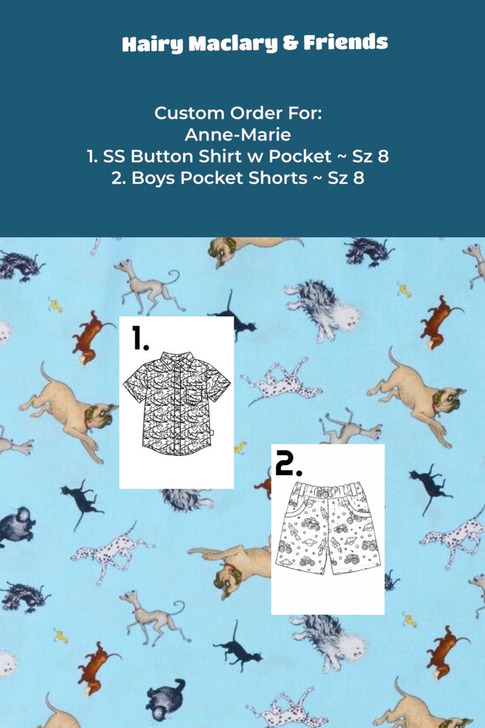 Custom Order For Anne-Marie | SS Button Shirt Sz 8 & Boys Pocket Shorts Sz 8 | Hairy Maclary & Friends