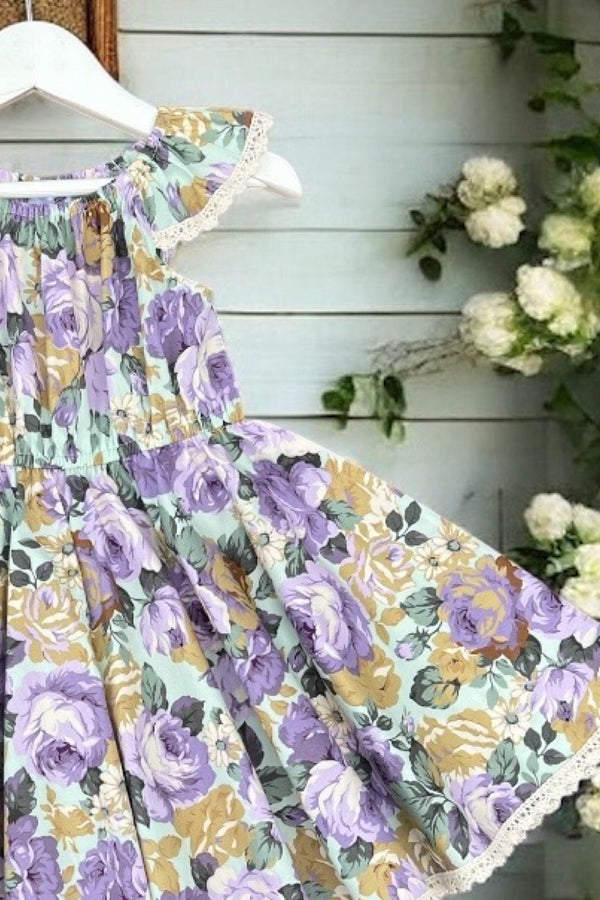 High Waisted Twirling Dress | Blossoming Blooms ~ Lavender on Mint
