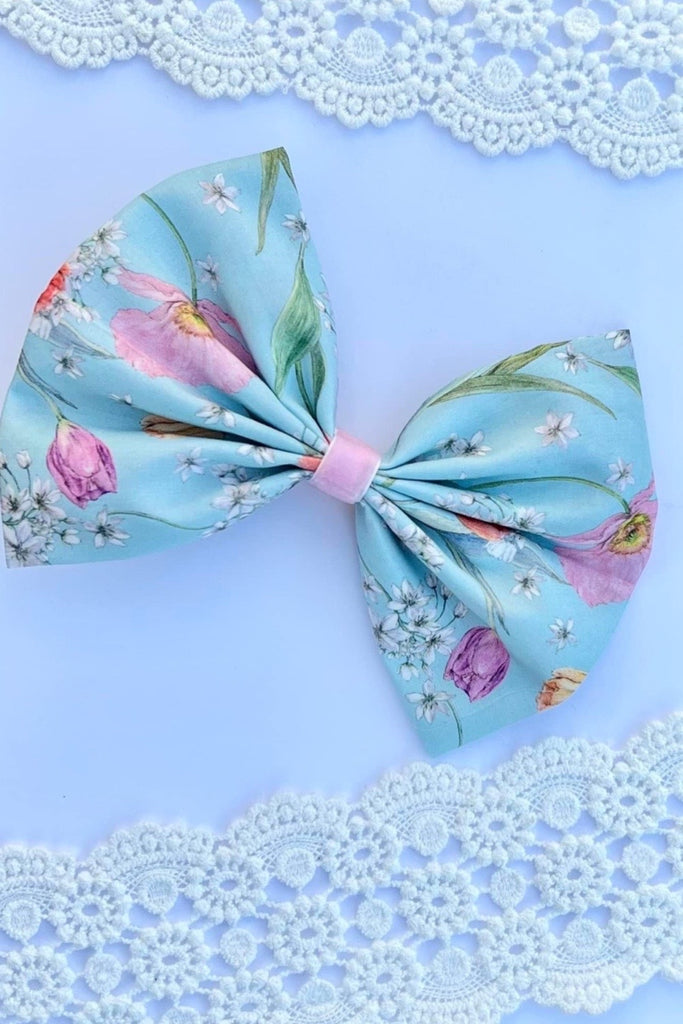 Large Pinch Bow Clip w Velvet Contrast | Liberty of London Tana Lawn Fabric | Spring Blooms