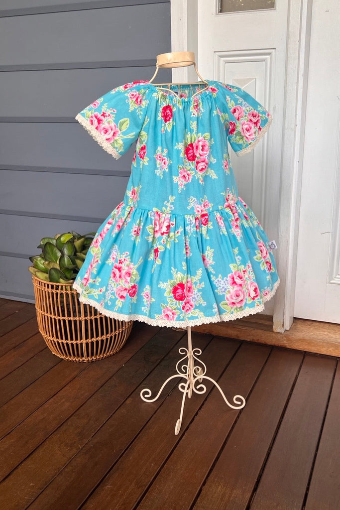 Vintage Seaside Dress | Made with Lecien ‘Flower Sugar’ (Turquoise) ~ Sz 5
