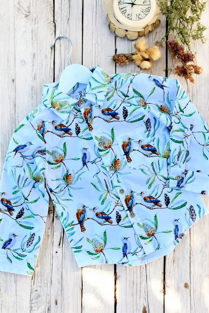 Long Sleeve Button Shirt | ‘Kookaburra & Banksia’ | Vintage Childhood Collection | OOAK ~ Sz 4