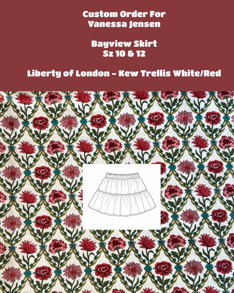 Custom Order For Vanessa Jensen | Bayview Skirt | Sz 10 & 12 | Liberty of London - Kew Trellis White/Red