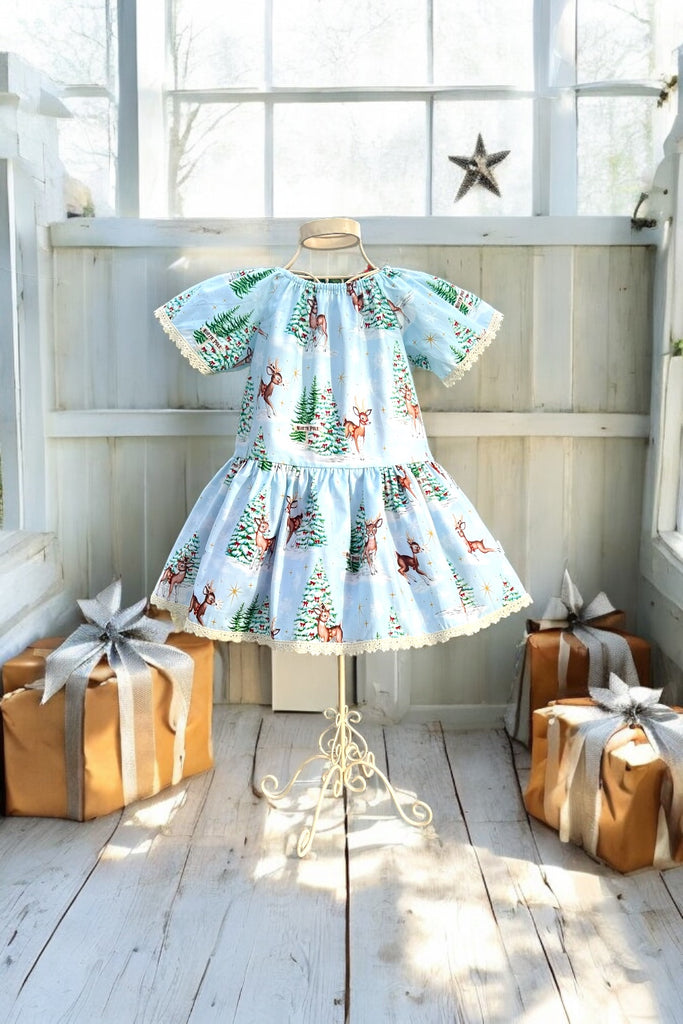 For Bess ~ Sz 3 | Vintage Seaside Dress | Christmas Reindeers - Brother Sister Designs