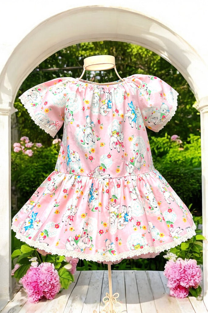 Vintage Seaside Dress | ‘Little Lambies’ in Pink | Designed by Daisy Kingdom For Springs Creative | Very Sought After Rare & OOP Fabric | Sz 2,3,4 Only