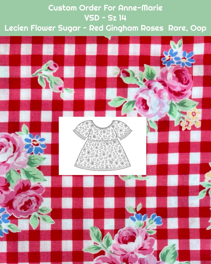Custom Order For Anne-Marie | Vintage Seaside Dress ~ Sz 14 | Lecien Flower Sugar ~ Red Gingham Roses  Rare, Oop
