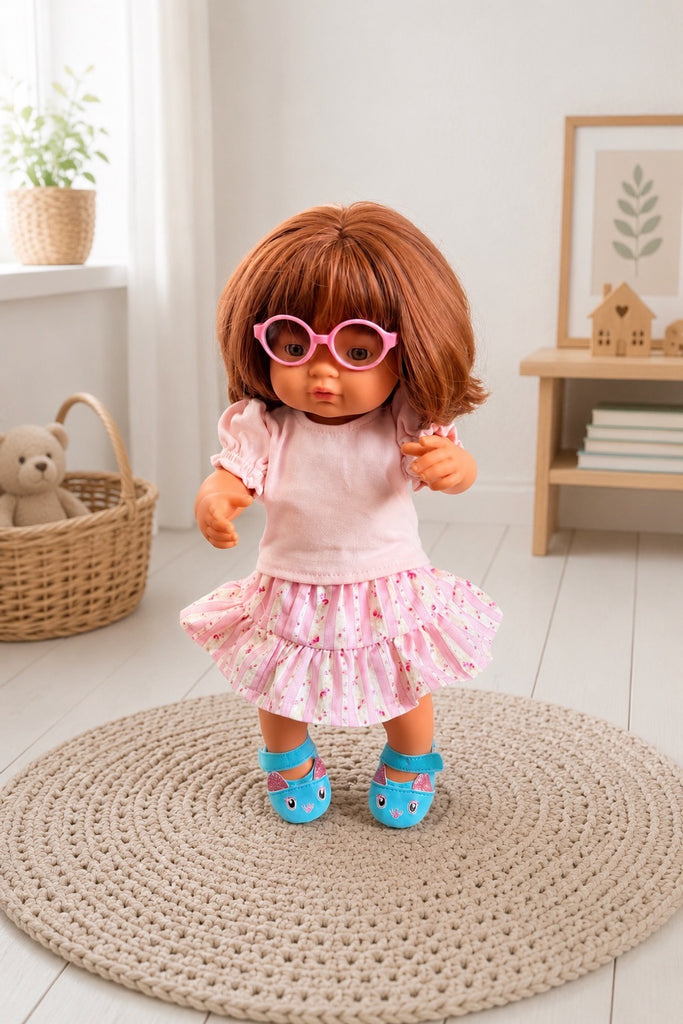 For Donna | Dolly Skirt Made With Rare & OOP Lecien Fabric & Bubble Tee + Free Kitty Shoes & Glasses
For Miniland Dolls