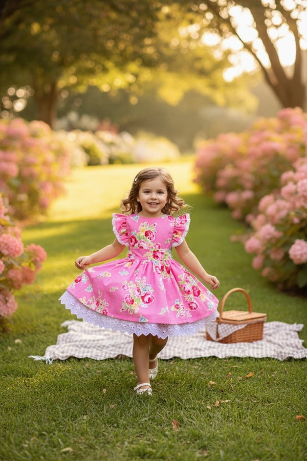 Charlotte Emma Dress 
Large Blooms in Pink
From the Flower Sugar Collection 
by Lecien 
OOP ~ Collector’s Fabric
OOAK ~ Sz 3