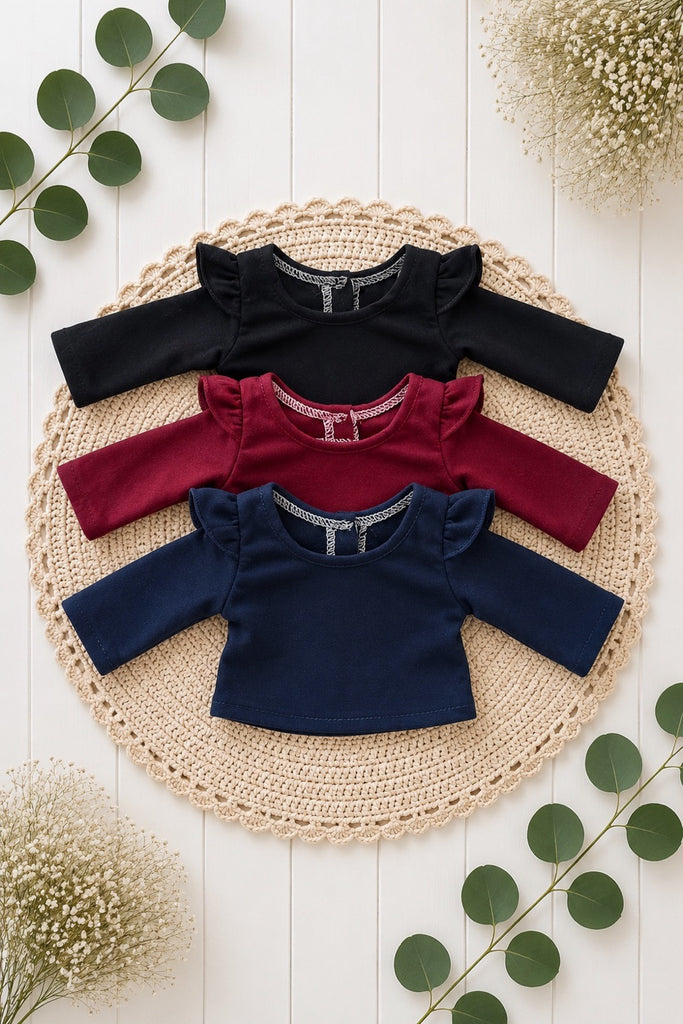 For Bess | Trio of Bamboo Flutter Tees Black, Wine, Navy | For Miniland Dolls