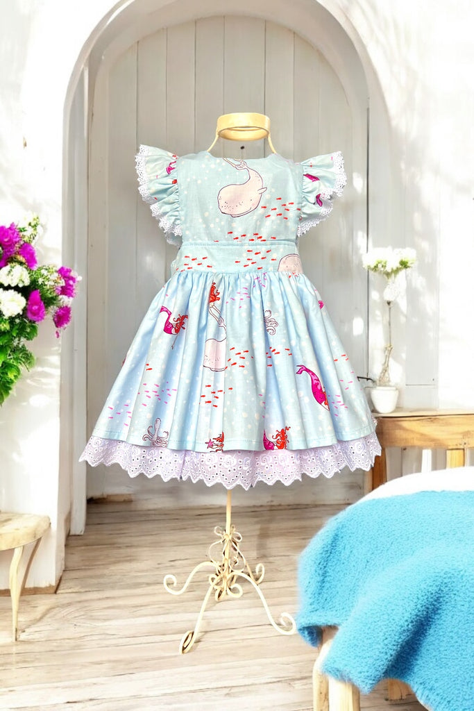 Charlotte Emma Dress
Mermaid Play 
From the Out to Sea Collection by Sarah Jane for Michael Miller 
OOP, Rare, Expensive ~ Sz 4
