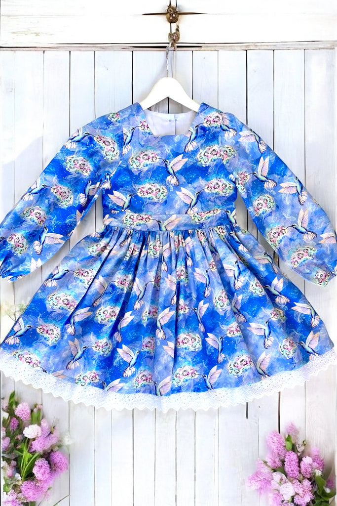 Long Sleeve Anglaise Dress
‘Blue Hummingbirds’
OOAK ~ Sz 8
