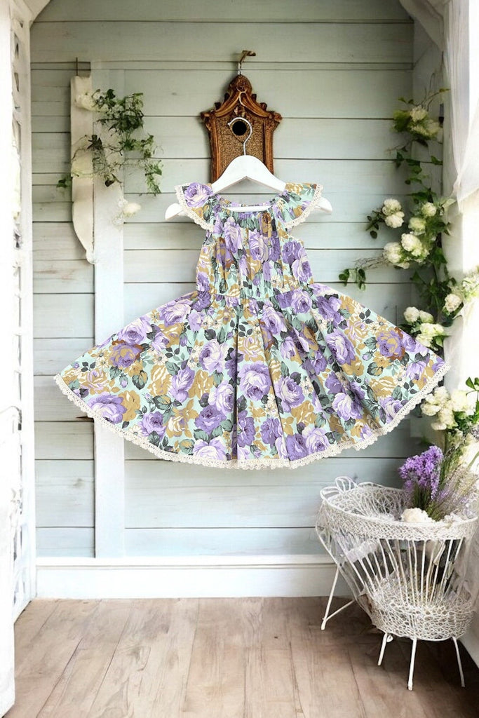 High Waisted Twirling Dress | Blossoming Blooms ~ Lavender on Mint