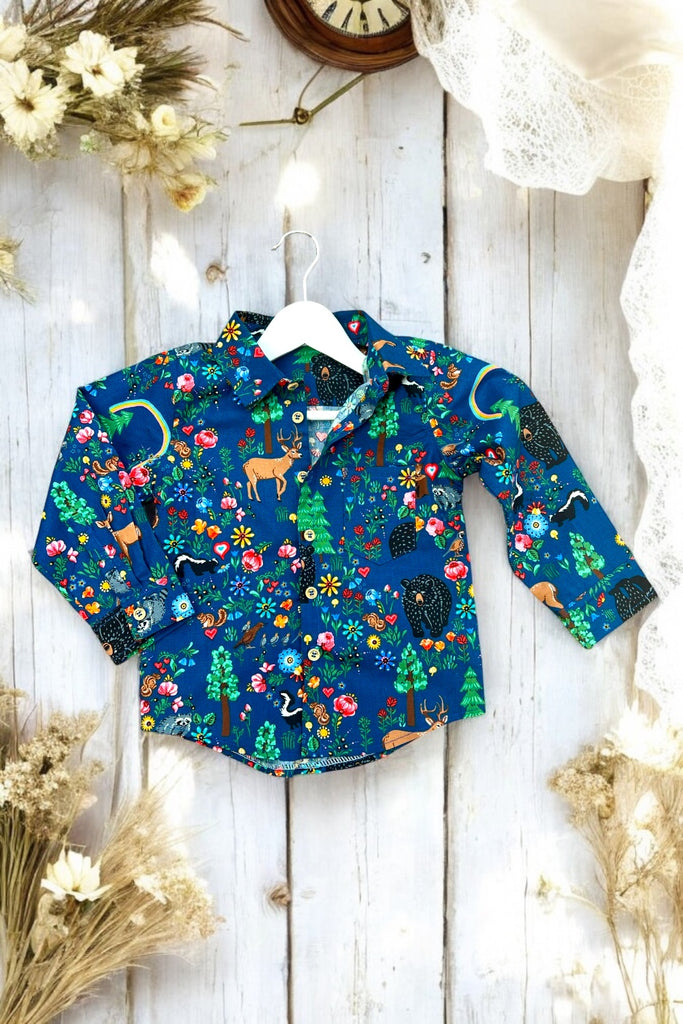 For Vanessa Jensen ~ Sz 4 | Long Sleeve Button Shirt | Forest Animals in Blue | From the Hidden Canyon Collection by Robert Kaufman