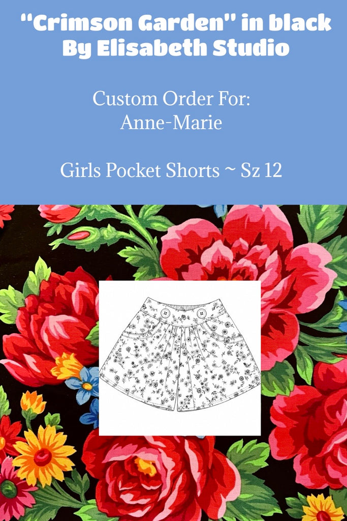 Custom Order For Anne-Marie | Crimson Garden in Black | Girls Pocket Shorts ~ Sz 12