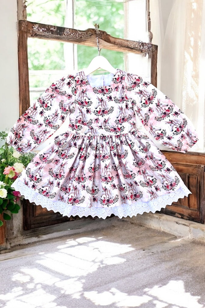 Long Sleeve Anglaise Dress
Crown of the Moon Unicorns 
OOAK ~ Sz 4