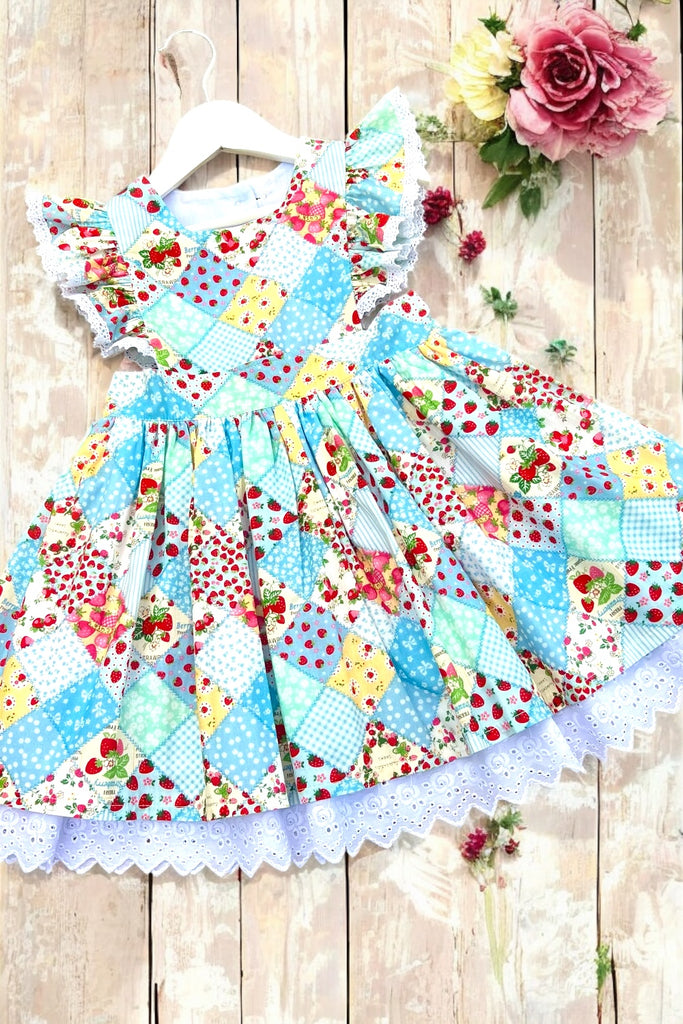 Charlotte Emma Dress | Strawberry Patchwork (Cornflower Blue) ~ Sz 5