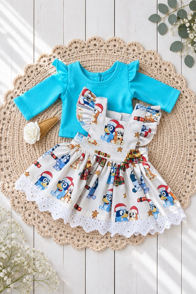 For Donna | Set of 1 Dolly Dress (Bluey Christmas Day), 1 Dolly Arctic Blue Flutter Tee & 1 Clip (Made by me 💗)  For Miniland Dolls