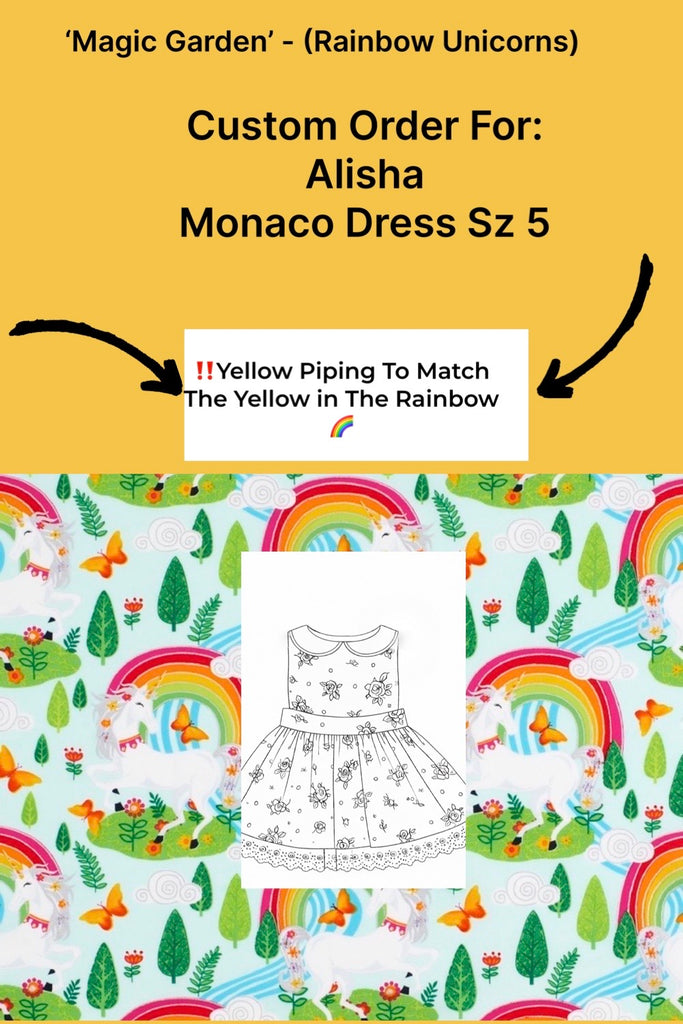 For Alisha | Monaco Dress ~ Sz 5 | ‘Magic Garden’ from the Rainbow Unicorns Collection
