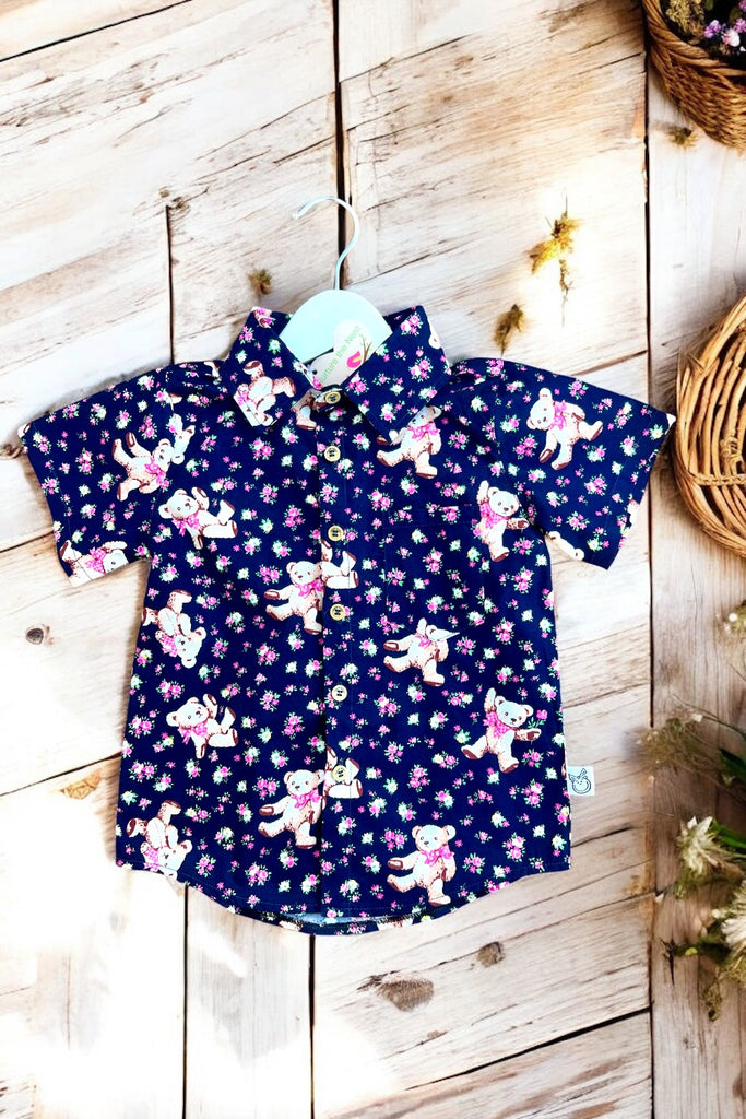 For Bess ~ Sz 4 | Unisex Button Shirt | Teddy Meadows in Navy