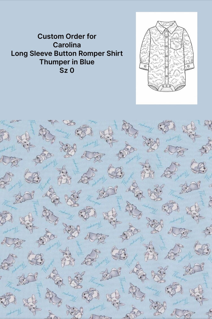 Custom Order for  Carolina | Long Sleeve Button Romper Shirt  Thumper in Blue | Sz 0
